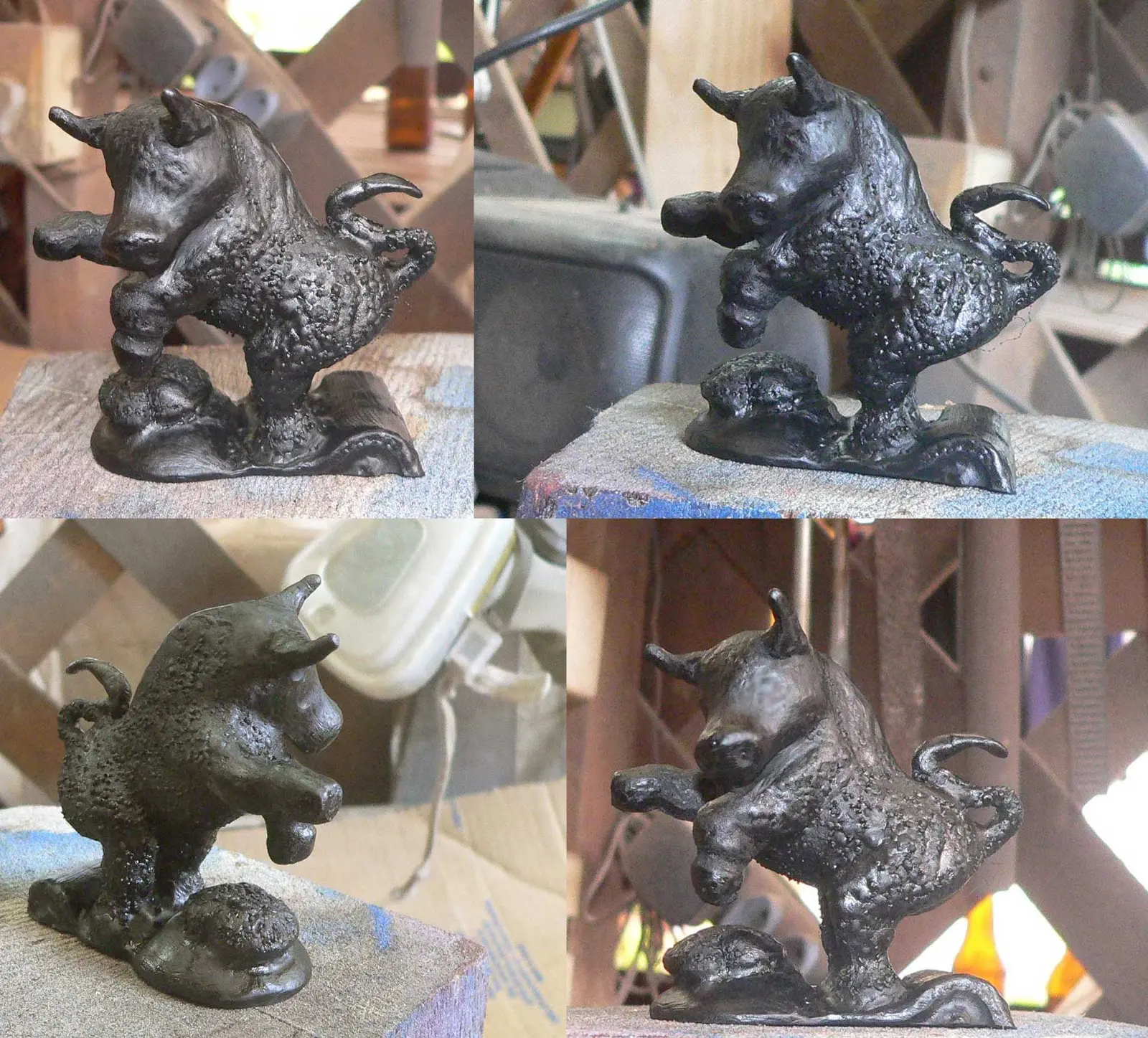Quatro vistas de uma escultura de touro em resina com acabamento escuro, sobre base entalhada, na oficina