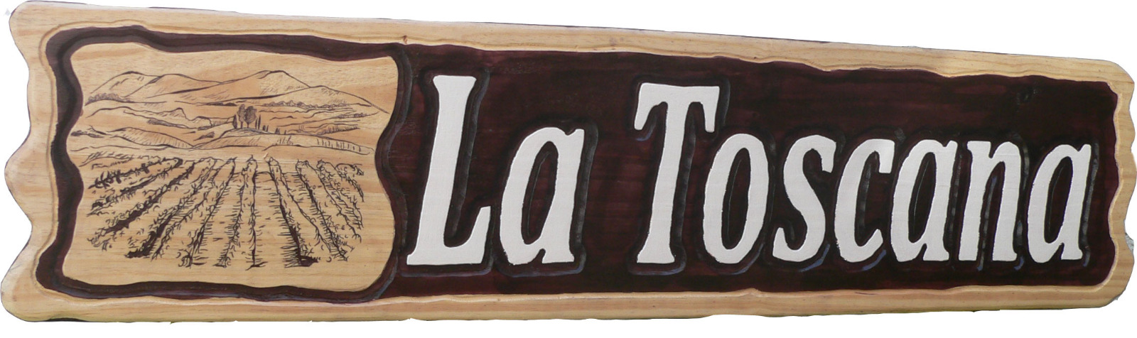 Placa padrão em madeira de pinus entalhada "La Toscana", com paisagem de vinhedos pirografada e letras em relevo pintadas em branco, vendida para São Paulo/SP