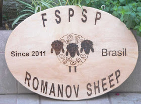Placa oval de cedro com os textos "FSPSP", "Since 2011", "Brasil" e "Romanov Sheep" pirografados, além do desenho de ovelhas