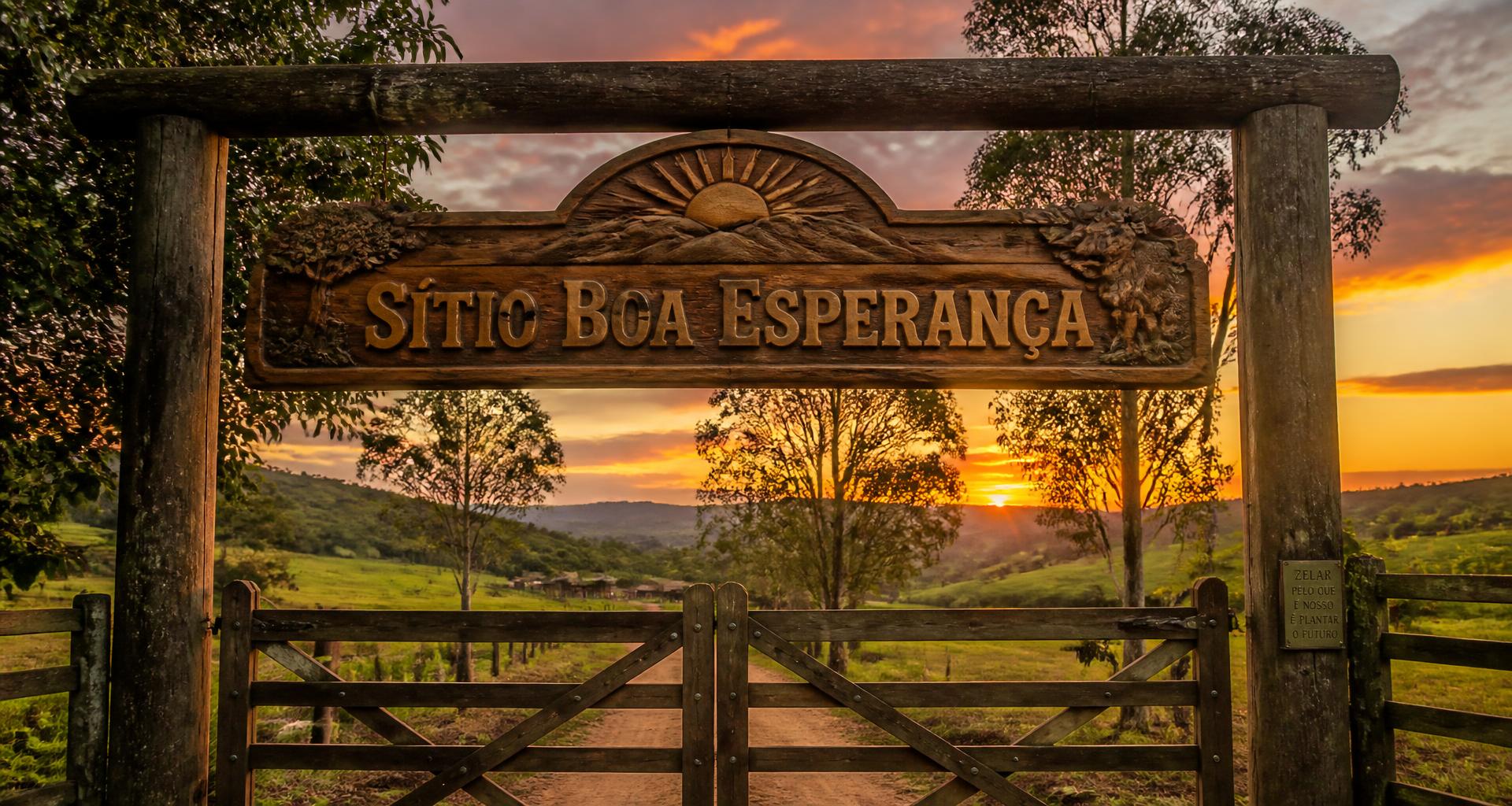 Portão de sítio ao pôr do sol com placa entalhada à mão em madeira maciça sobre a entrada